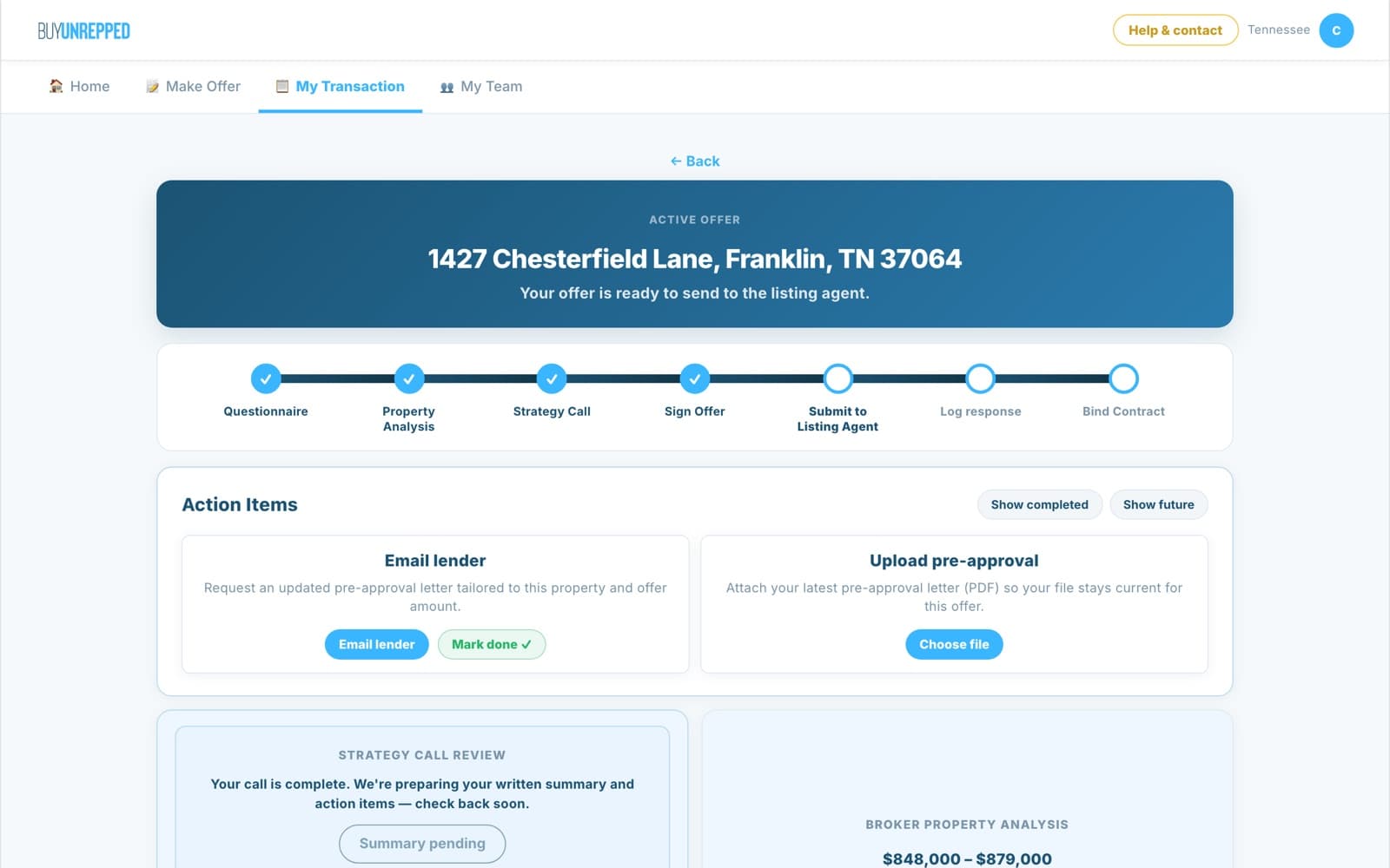 BuyUnrepped app: the offer is signed and ready to send to the listing agent