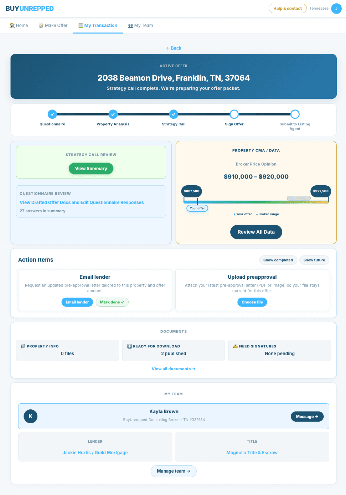 BuyUnrepped dashboard showing broker price opinion, pricing guidance, and strategy review