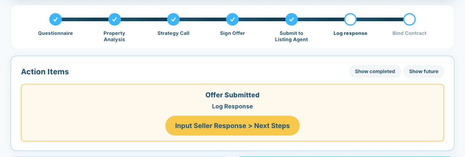 BuyUnrepped screen where the buyer logs the seller response after offer submission