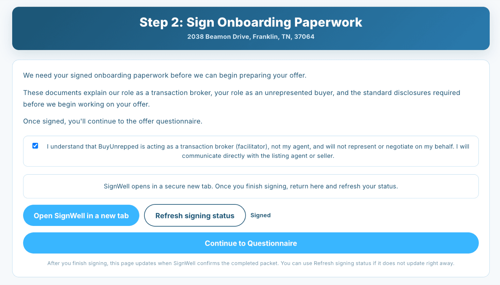 BuyUnrepped onboarding screen explaining transaction broker and facilitator disclosure