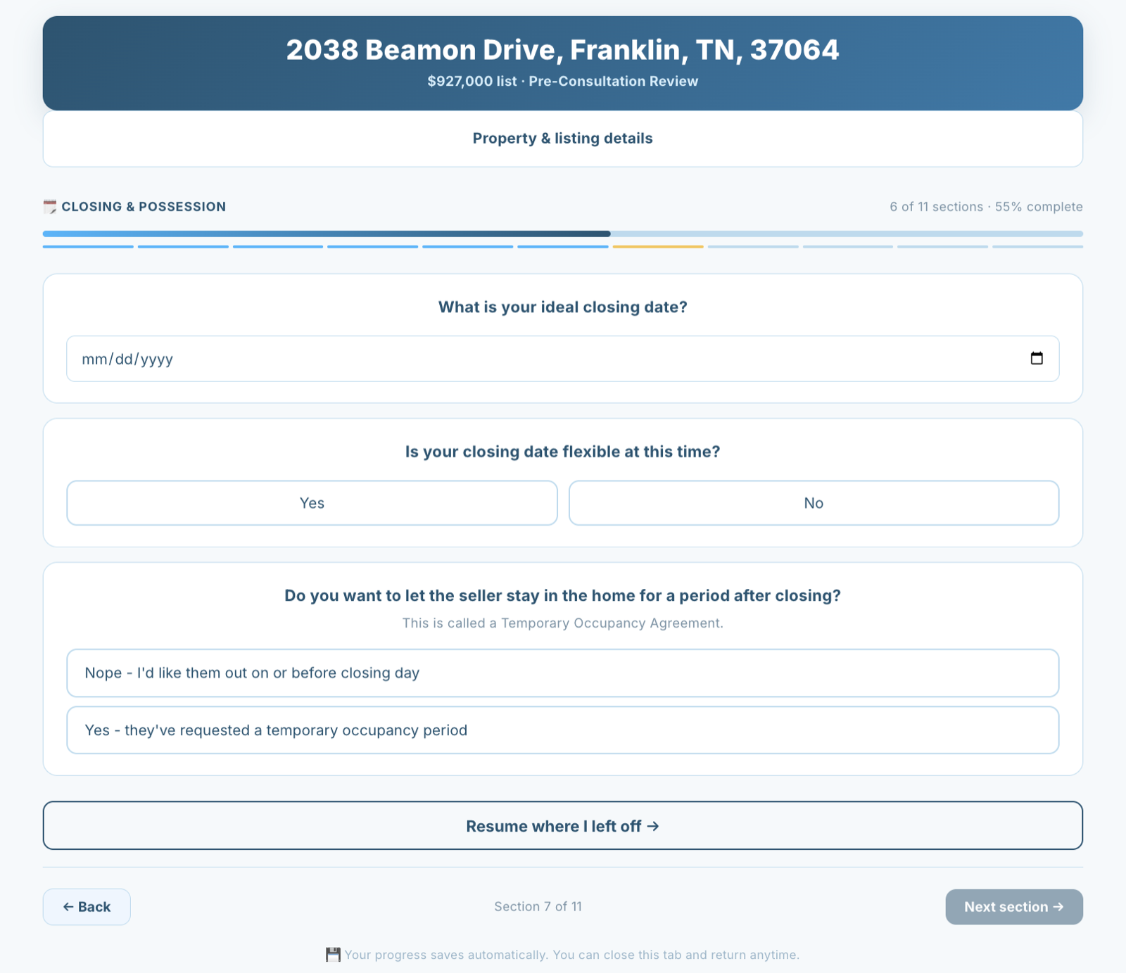 BuyUnrepped offer questionnaire collecting closing date and occupancy terms