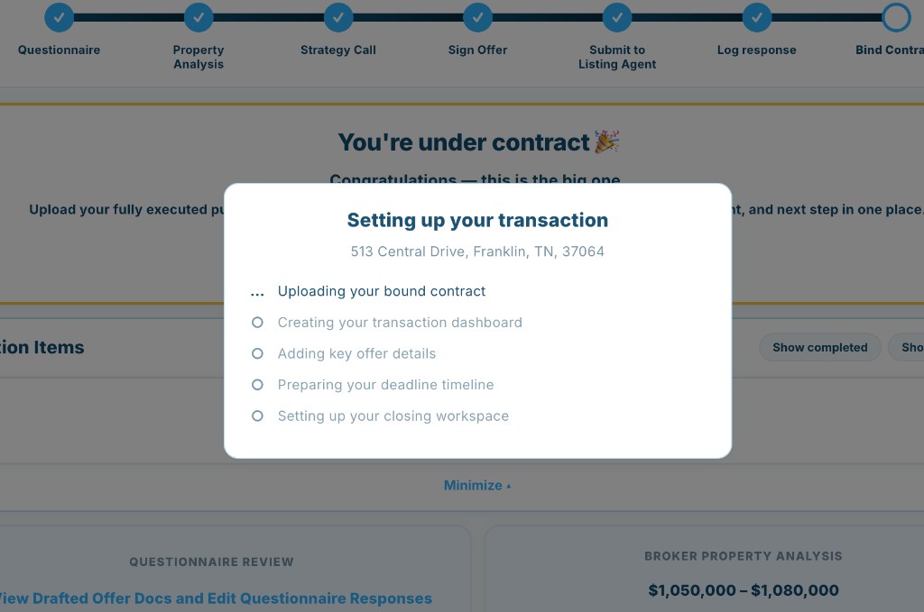 BuyUnrepped setup flow after the buyer uploads the bound contract